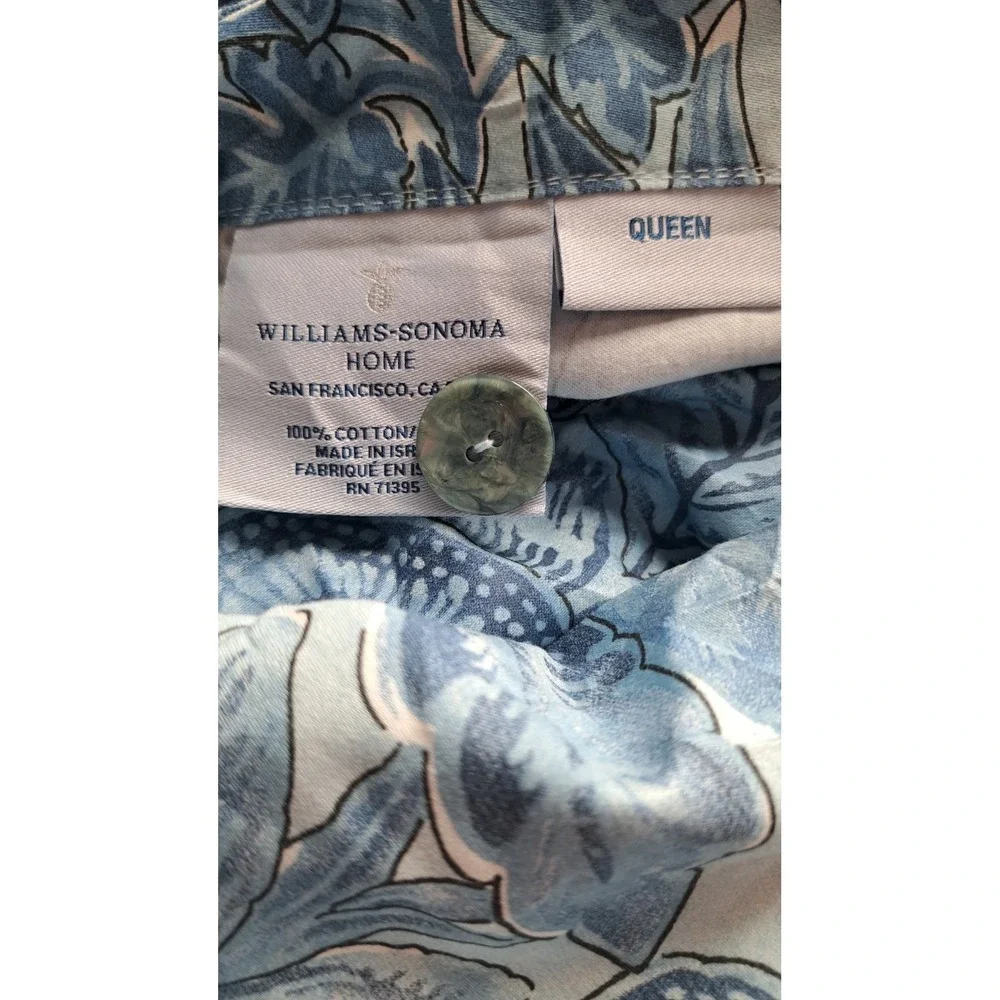 Williams Sonoma Queen Duvet Cover Set 2 Pillow Shams Blue Floral 100% Cotton